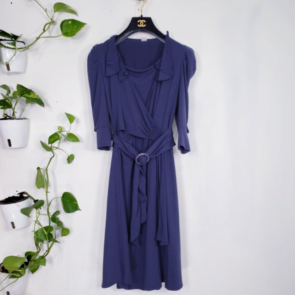 Womens‎ Dress Navy Medium Knit Puff Belted Wrap Party Cocktail Blue Authentic